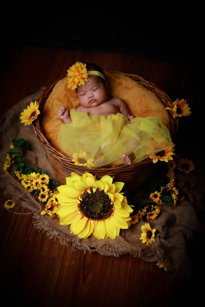 Charming newborn baby sleeping in a basket surrounded by sunflowers.